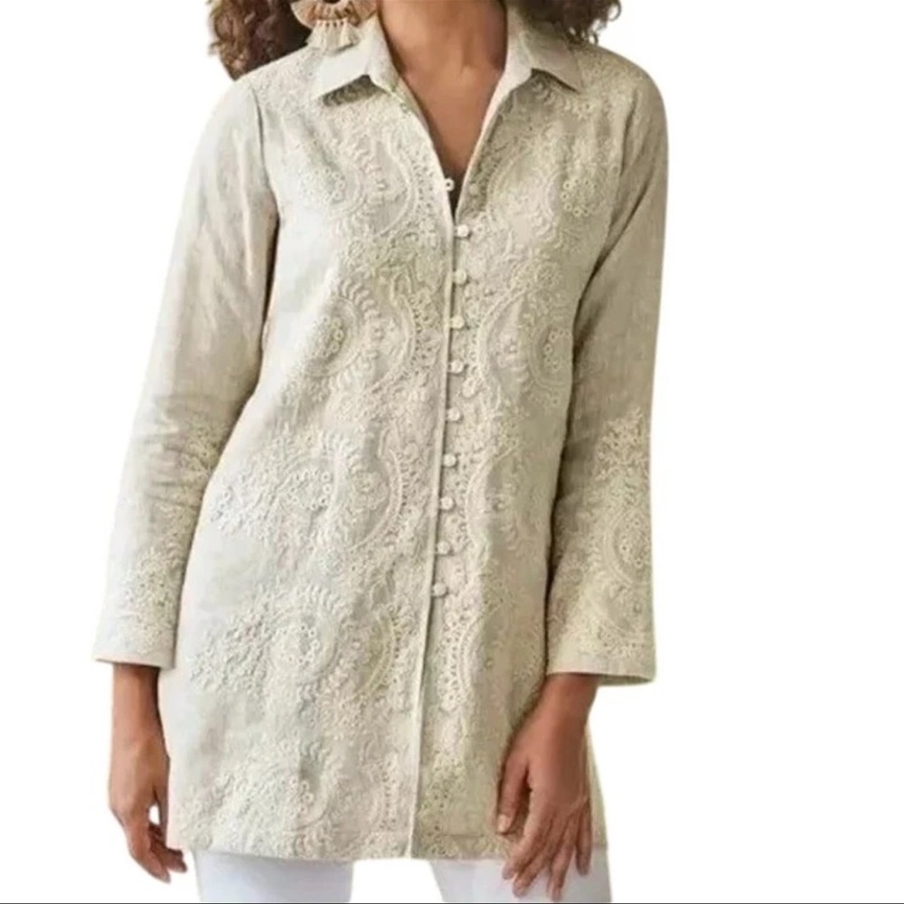 Soft Surroundings Women Cream Embroidered Button Down Shirt, PM. NWOT